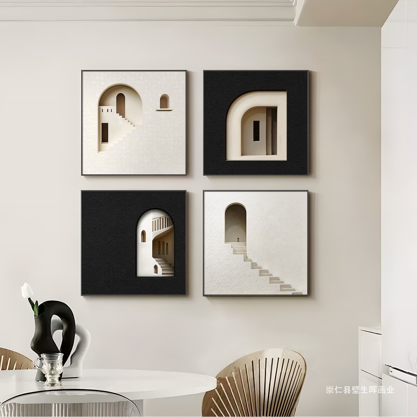 Modern Minimalist Restaurant Wall Art, Italian-Inspired Black and White Living Room Hallway Decorative Painting, Multi-Panel Background Wall Art