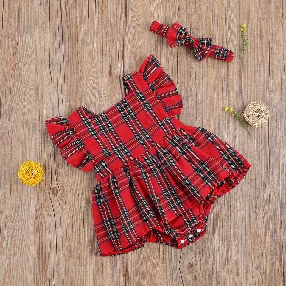 Source manufacturer direct sales children's clothing infants and toddlers summer flying sleeve dress girls Christmas plaid rompers
