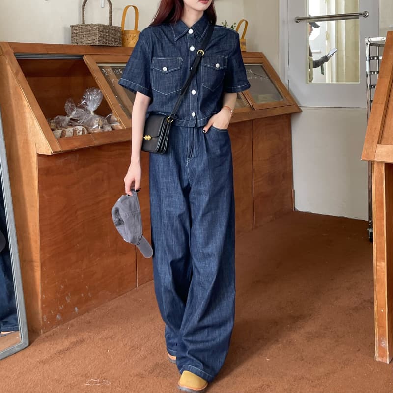 Real Shot Korean 2025 Summer New Style Washed Denim Short-Sleeve Shirt vs Loose Denim Floor-Length Pants Set