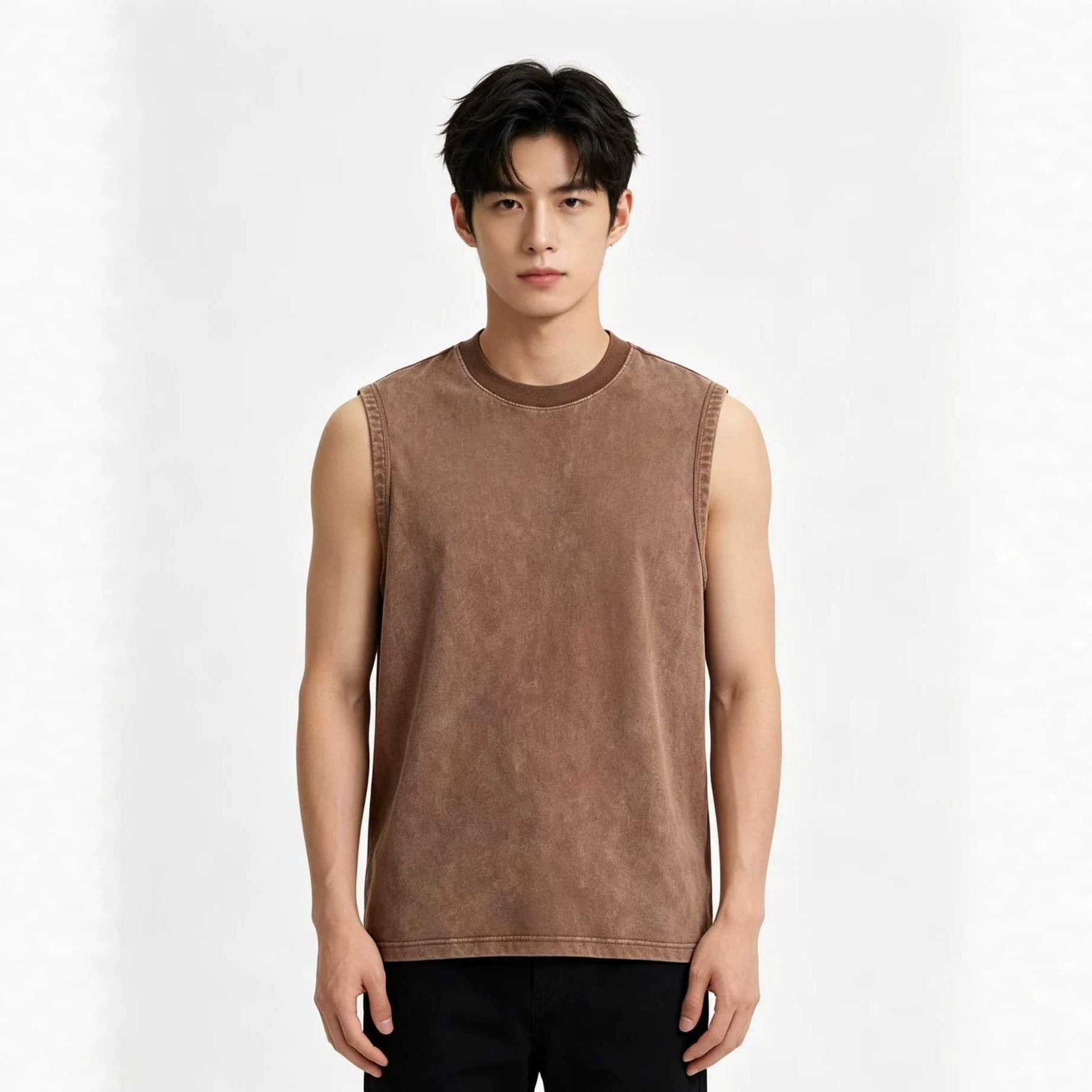 Amazon Cross-border 230G Pure Cotton Washed Distressed Round Neck Sleeveless T-Shirt Men's American Street Style Vest Tank Top Wholesale