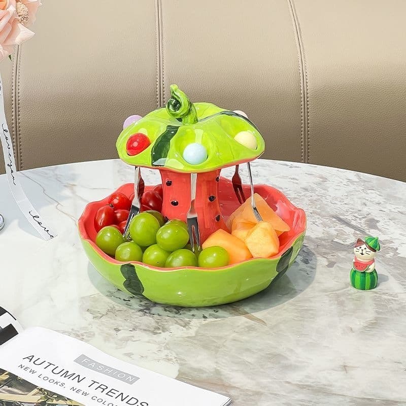 Watermelon Ceramic Fruit Tray with Stainless Steel Fruit Forks, Ins High-Value Trending Living Room Desktop Snack Fruit Plate