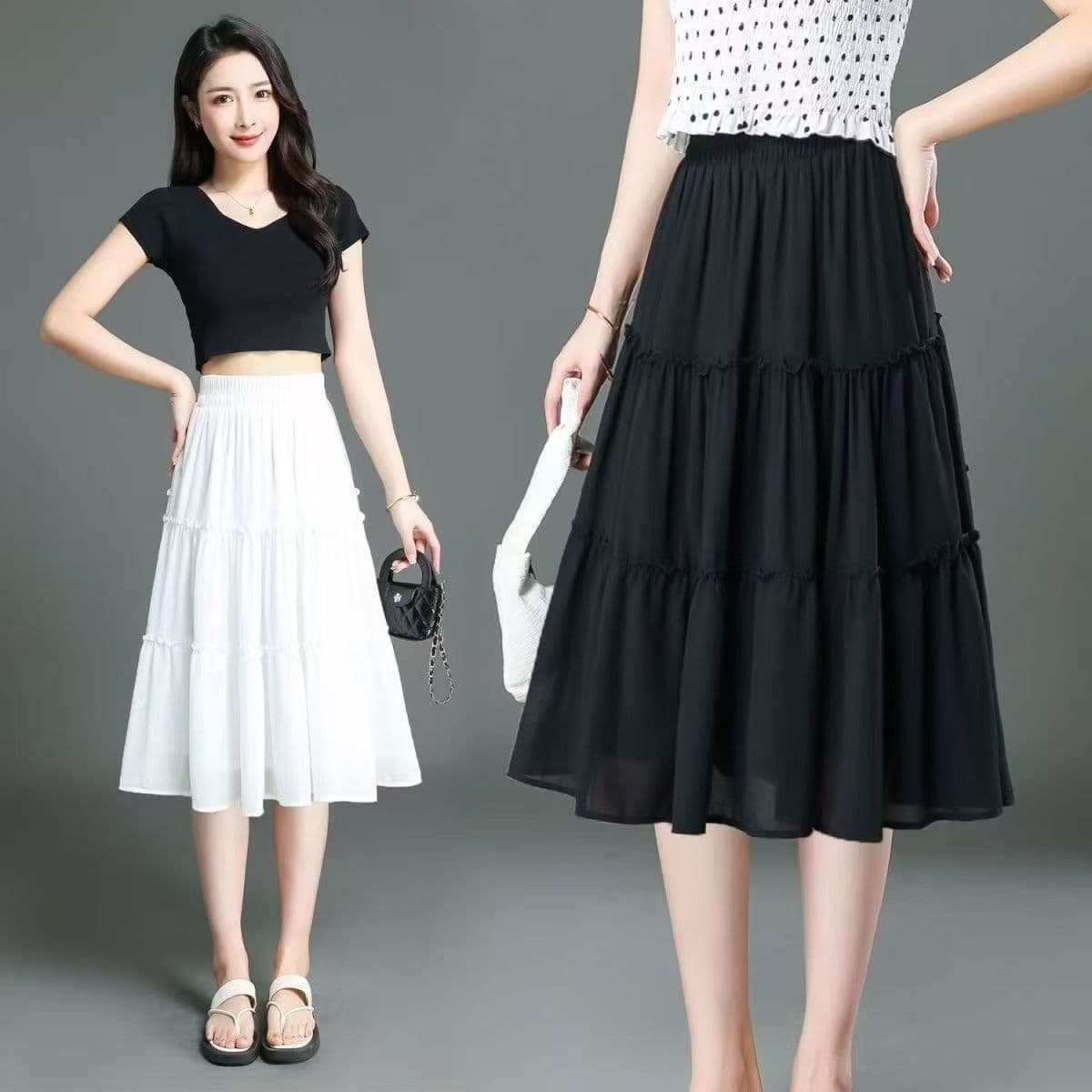 High-Quality Half Skirt Elastic Waist Chiffon Midi Skirt 2026 Summer New Slimming Cake Skirt A-Line Half Skirt