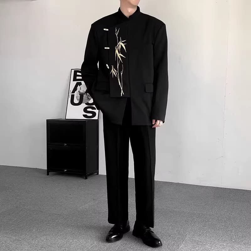Golden wedding suit, new Chinese style men's wedding engagement black suit embroidered suit high-end stand collar tunic suit
