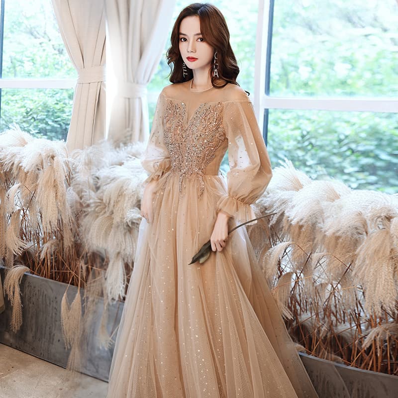 Champagne Evening Dress for Women 2025 Fall/Winter New Arrival Birthday Banquet Elegant Annual Meeting Host Art Exam Bridesmaid Dress