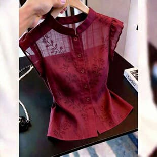 French Elegant Wine Red Thin Stand Collar Fitted Blouse Women's Casual Versatile Office Chic Stylish Top