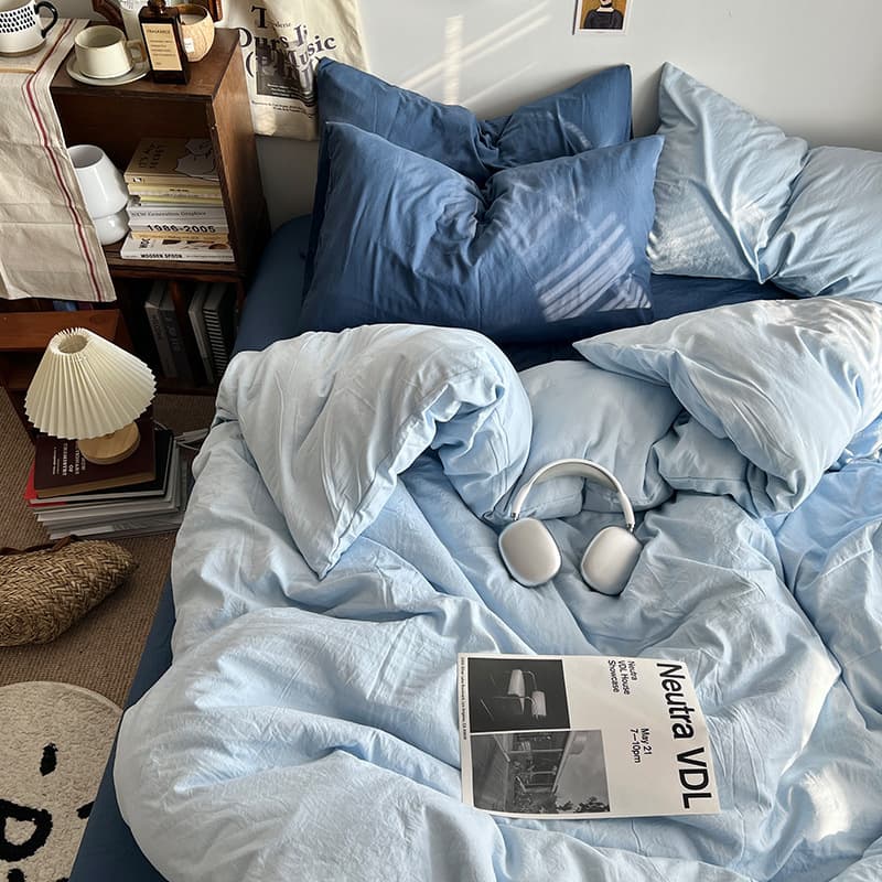 Class A Simple Solid Color Washed Cotton Four-Piece Set for Single and Double Beds, Student Dormitory Duvet Cover, Bed Sheet Three-Piece Set, Suitable for All Seasons