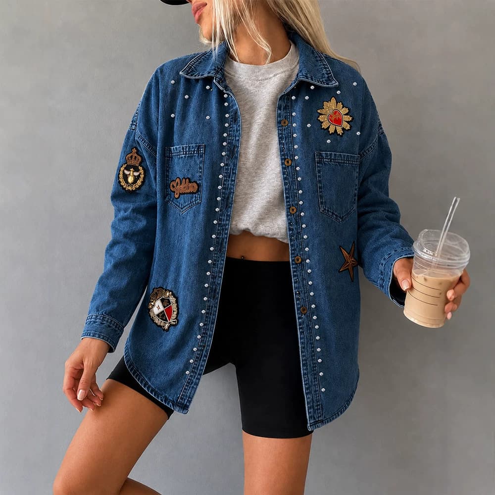Pearl Rhinestone Studded Versatile Denim Shirt Jacket for Europe & US Cross-border Market