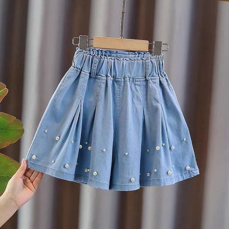 Girls' Denim Pearl Short Skirt, New Summer Style for Older and Middle Children, Fashionable Half Skirt, Pleated Skirt, Children's Skirt Shorts