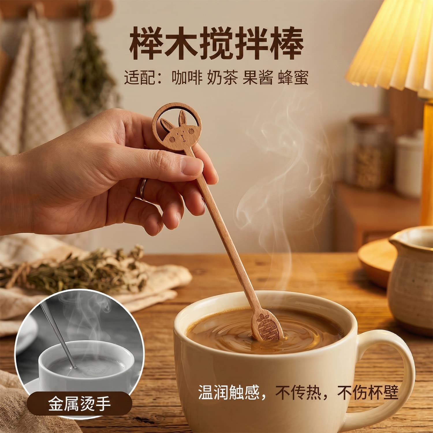 Beech coffee stirring spoon cartoon coffee stirring stick milk tea dessert honey small spoon stirring milk stick small wooden spoon