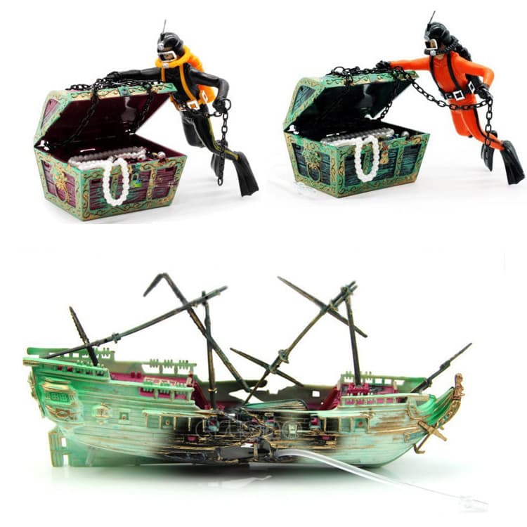 Air-Powered Treasure-Hunting Frogman Aquarium Decorations Oxygen-Increasing Treasure Chest Wreckage Ornaments Sea Horse