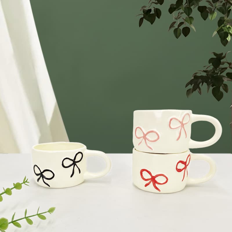 Cross-border ins style girly heart-shaped bow coffee cup afternoon tea ceramic cup cute three-dimensional mug