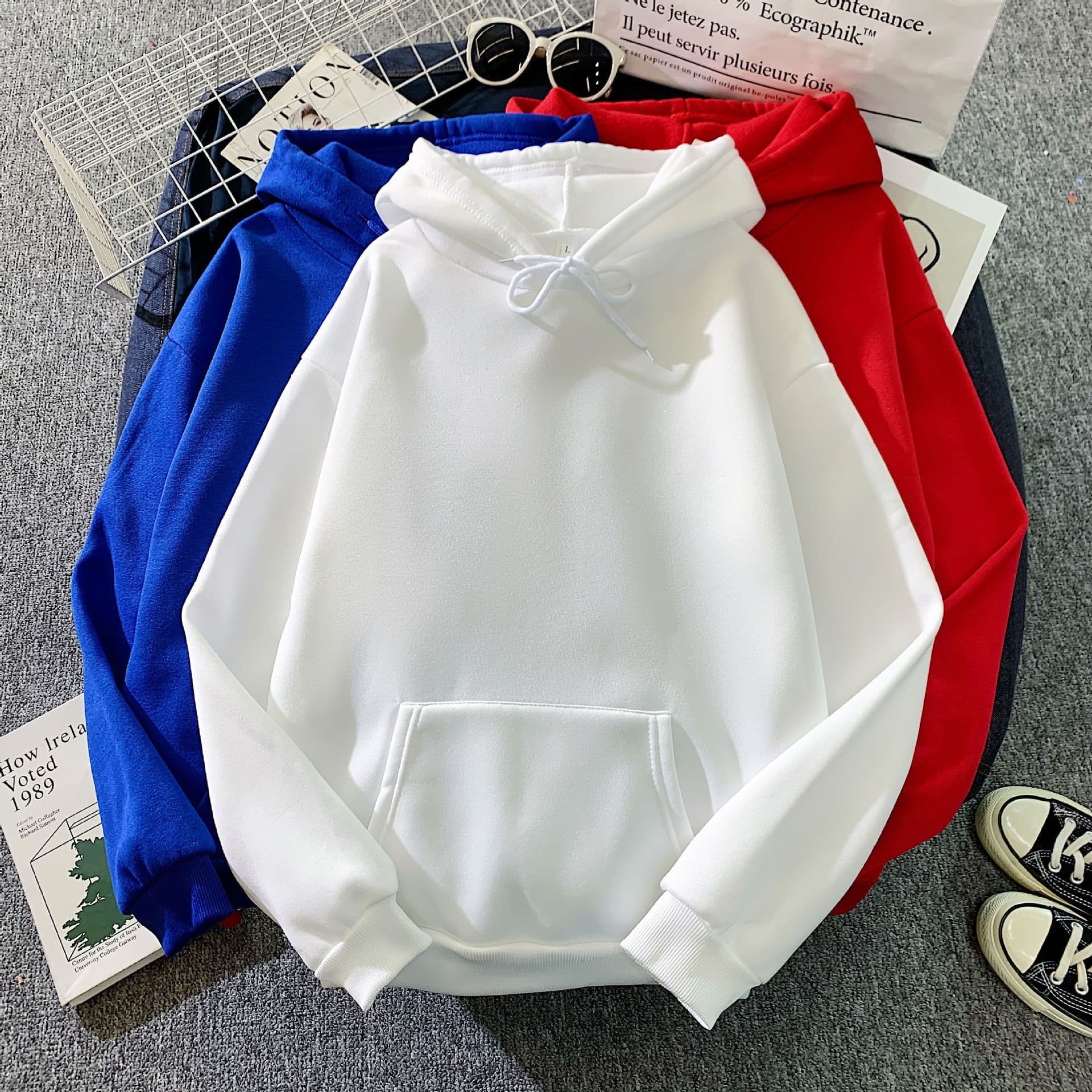 2023 New Style Fleece-Lined Thick Hooded Autumn/Winter Fashionable Korean Style Loose-fitting Jacket, Dropshipping Available, Solid Color Sweatshirt for Women