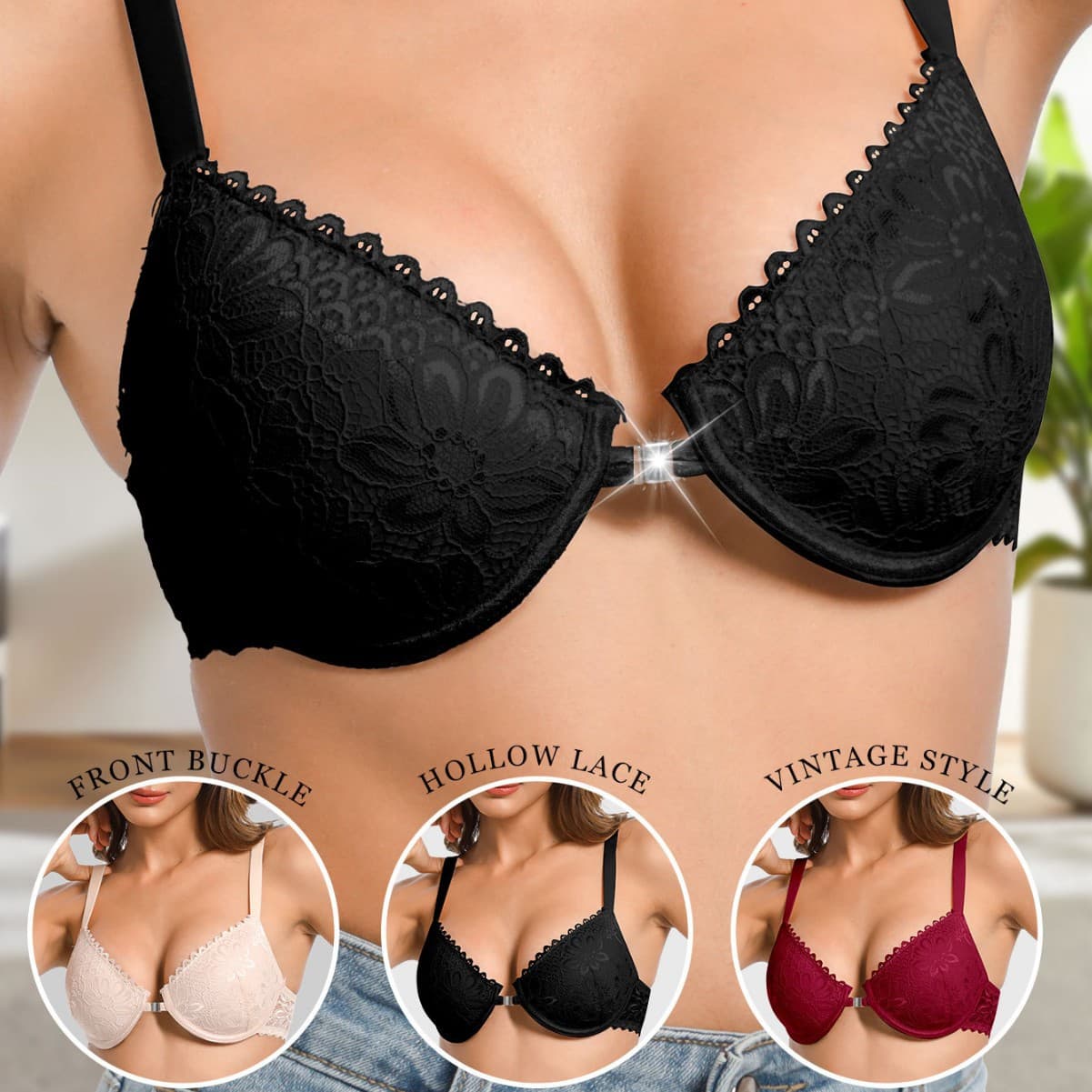 Front Close Lace beautiful back front buckle with steel ring adjustable shoulder straps bra full cup backless anti-sagging