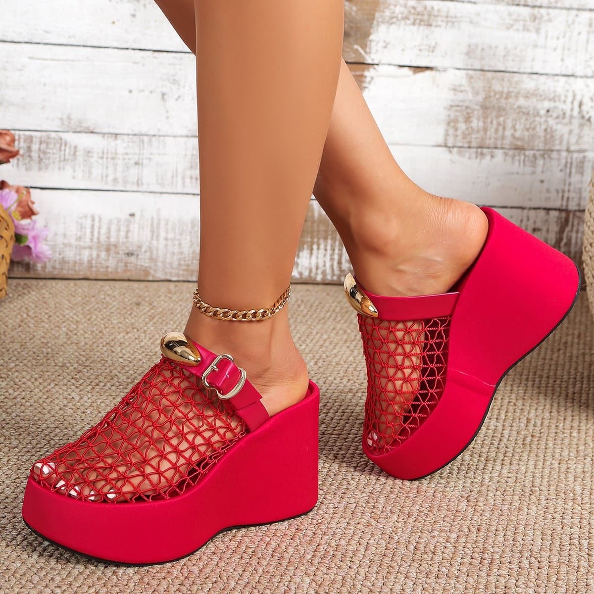 New Large Size Mesh Hollow Thick Platform Wedge Heel Metal Buckle Strap Closed Toe Chic Versatile High Heel Sandals