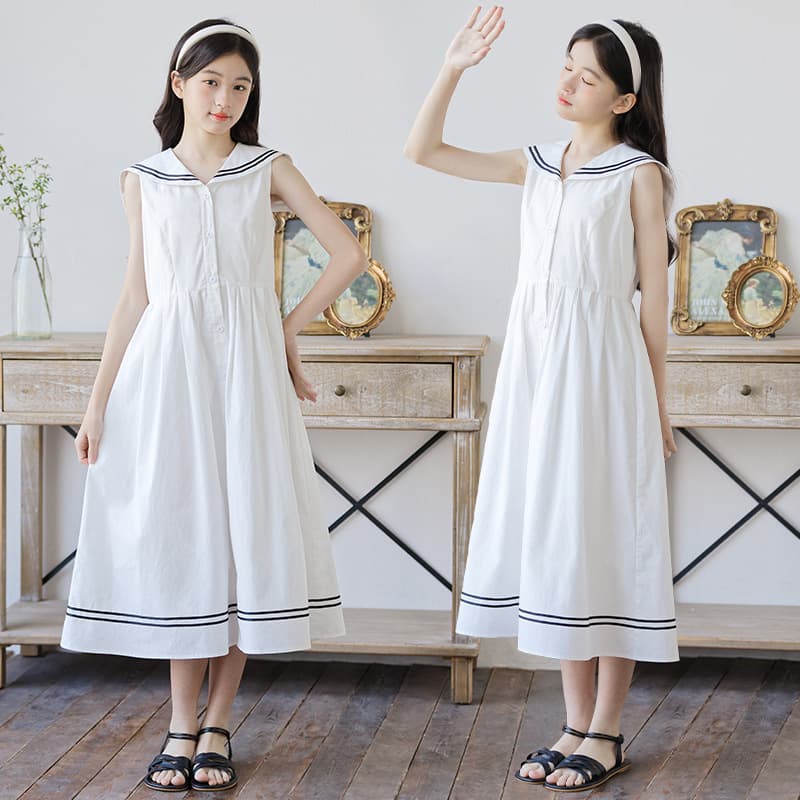 New 2026 Summer Navy Collar Dress for Older Girls, Children's Artistic Temperament Sleeveless Long Dress