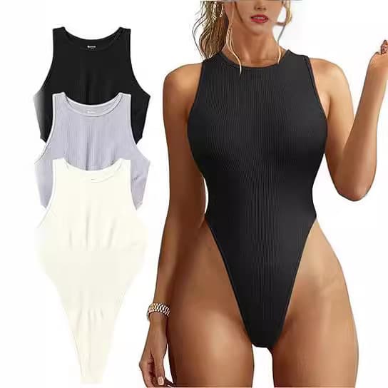 2024 Amazon Bestseller Women's Bodysuit Sexy High Cut Ribbed Sleeveless Halter Bodysuit