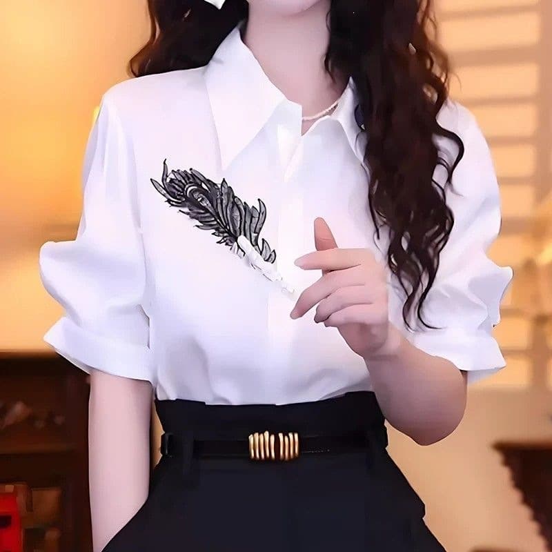 2026 New Summer Light Luxury Elegant Slimming Top, Retro Hong Kong Style White Short-Sleeve Blouse for Women