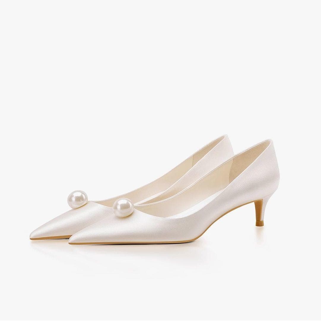 Low-Heeled Wedding Shoes for Women, Comfortable Mid Heels, Bridal Shoes, 2026 Spring and Summer New Style, White Satin Stiletto Heels, Low Heels