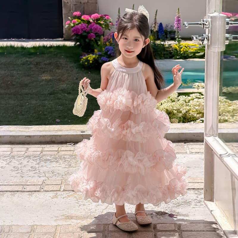 Girls' Hanging Neck Dress Summer Sweet Princess Dress 3D Flower Multi-Layer Cake Tutu Skirt 2026 Style