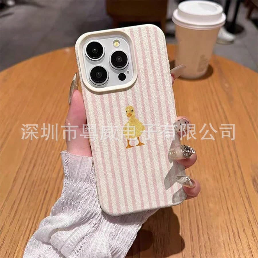 Yellow Pattern Duck Compatible Apple 16 Pro Max Phone Case 17 Faux Leather Texture 14 Cross-Border 13 Vintage iPhone 12 New