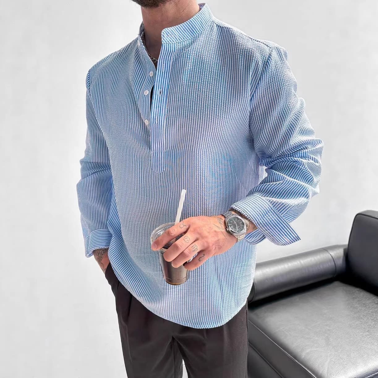 2026 New Men's Striped Long-Sleeve Shirt Spring Autumn Casual Fashion Stand Collar Shirt Cross-Border Trade Trendy Top