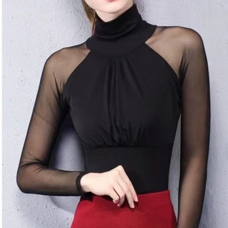 Women's High Collar Long Sleeve Mesh Base Shirt Slim Fit Stylish Korean Version Spring Fashion Outerwear T-shirt