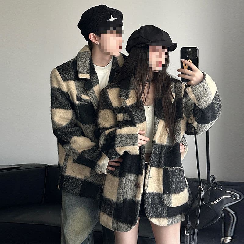 Thickened Couple Outfits Mid-Long Winter Student Matching Wool Blazer Overcoat One Female One Male Korean Version Loose Outerwear