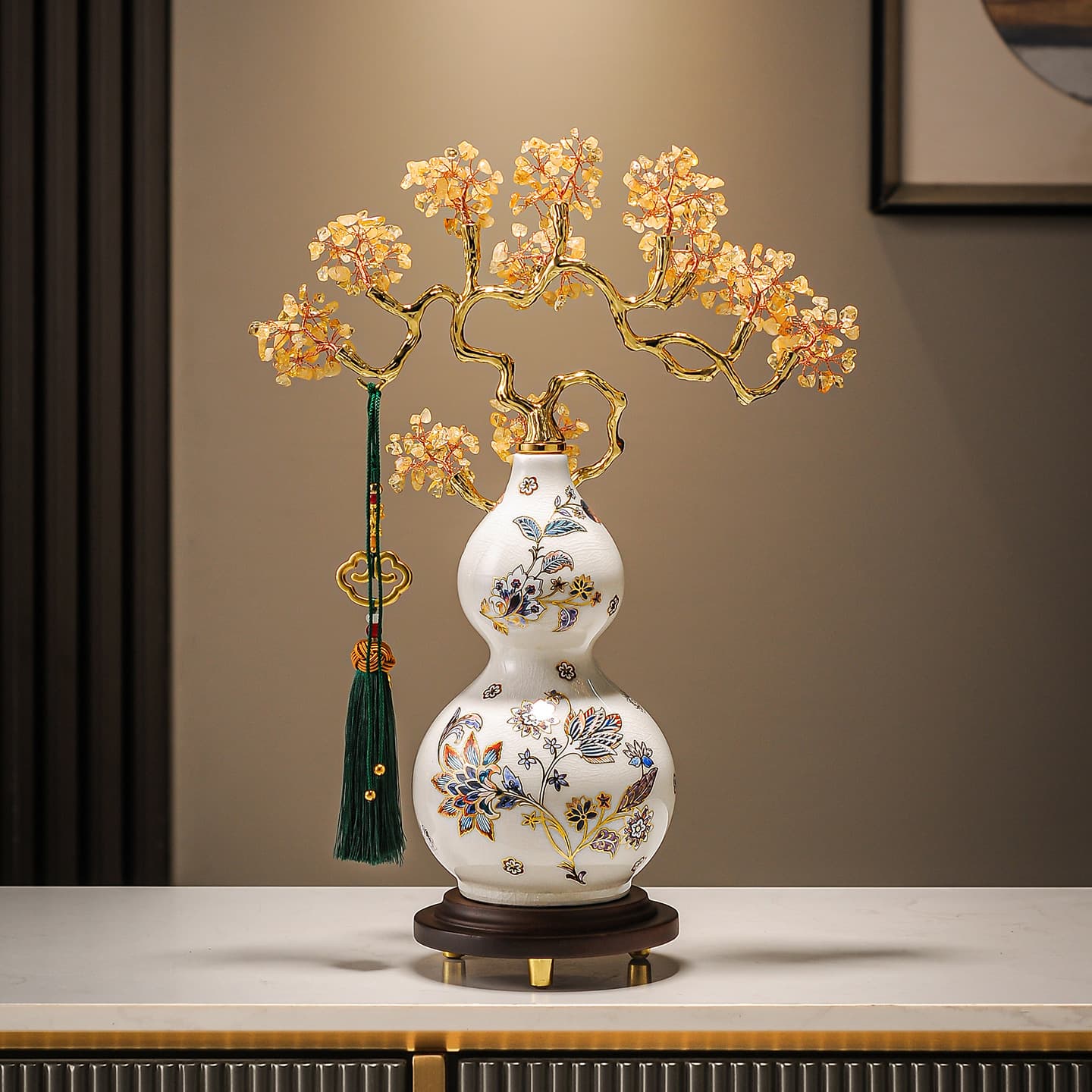Light luxury new Chinese style crystal money tree fortune gourd ornaments living room office wine cabinet decorations housewarming gifts