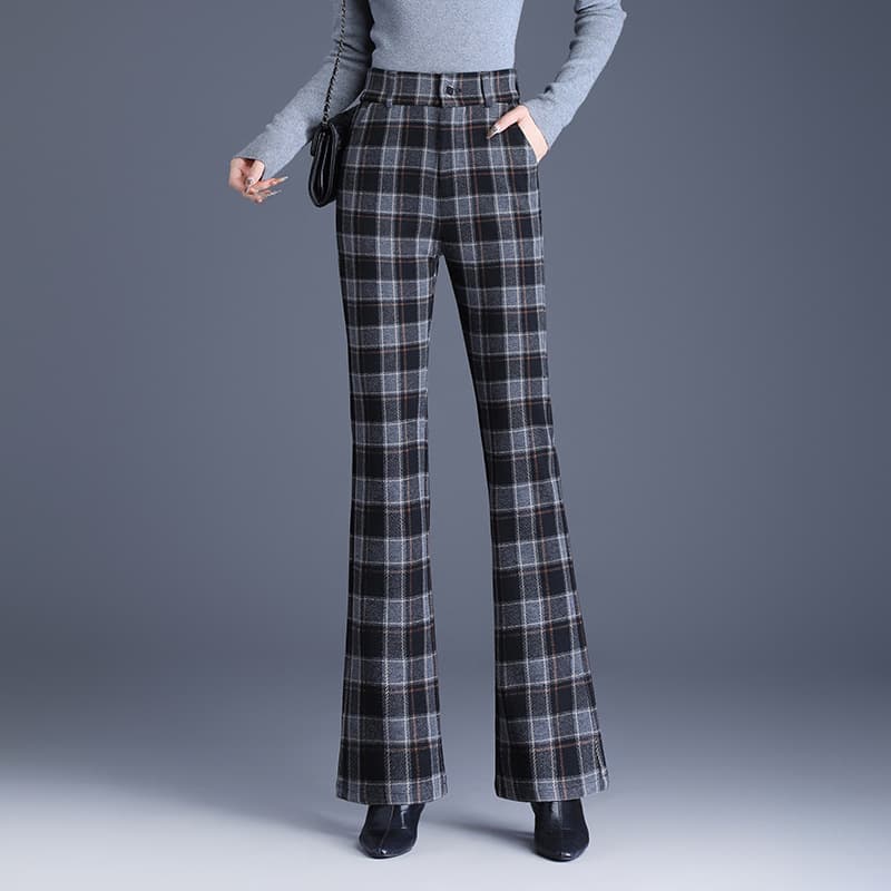Women's Slightly Flared British Plaid Pants Thickened Autumn Winter 2025 High Waist Casual Flared Slimming Tailored Woolen Long Trousers