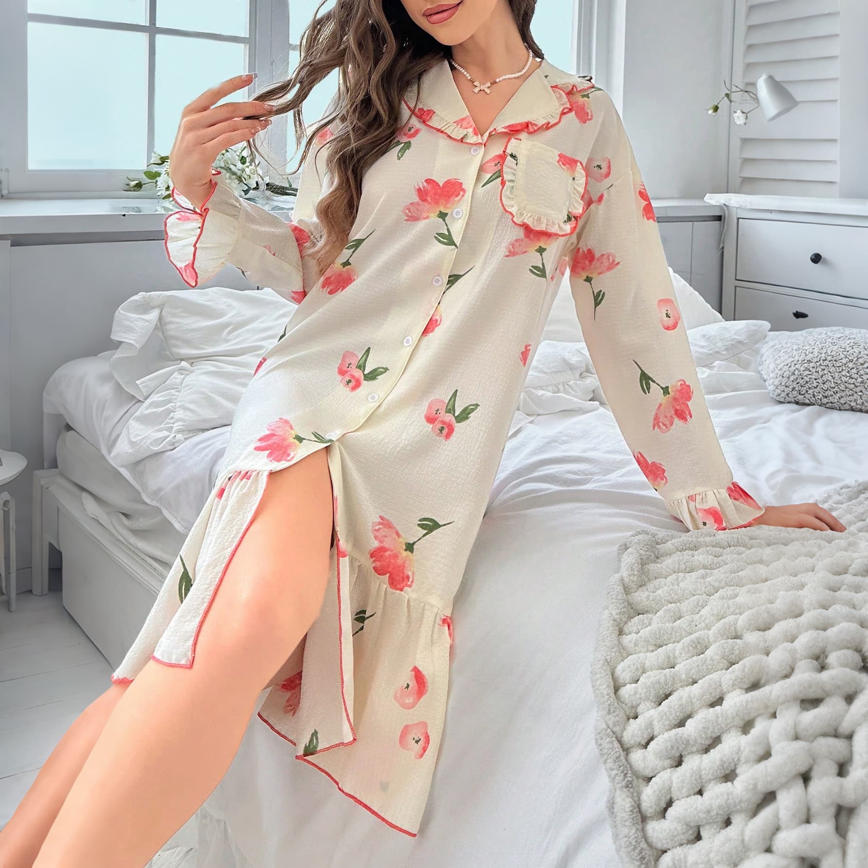 Cross-Border Sexy Pajamas, Long-Sleeved Home Wear, Printed European and American Style Nightgown, Chiffon Ruffled Women's Nightgown, Sweet Style