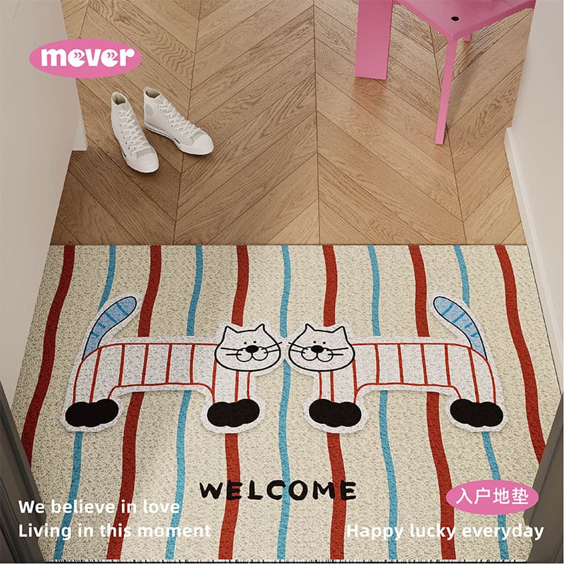 Striped kitten cartoon doormat, scraper/frame type, anti-slip, customizable for entryway, main doorway, or outside.