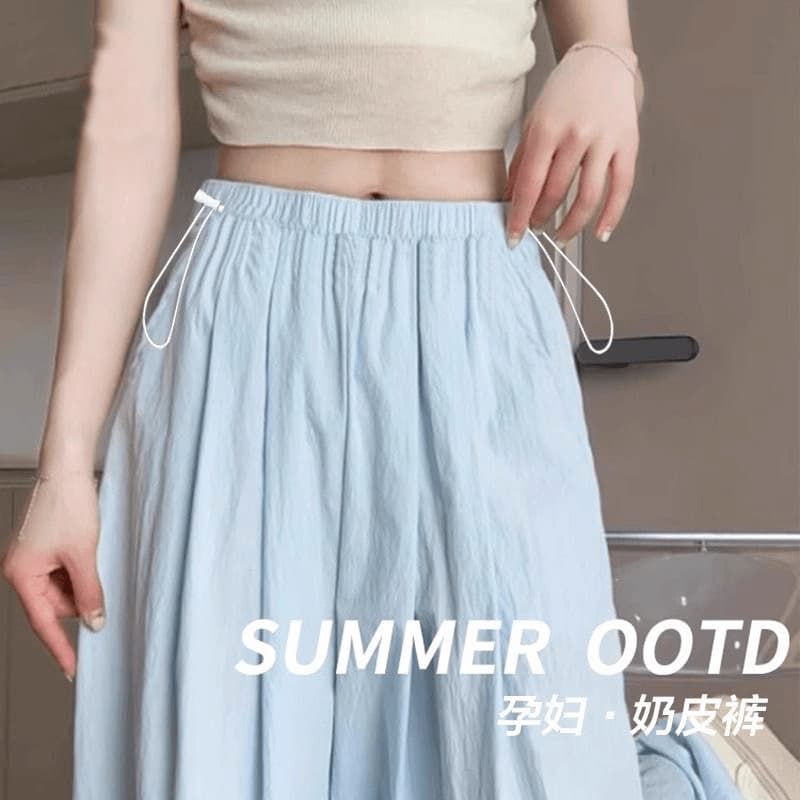 Maternity Pants Without Belly Support, Korean Style Milk-White Wide-Leg Pants for Women, Summer New Drawstring Design, Yohji-Inspired Summer Wear