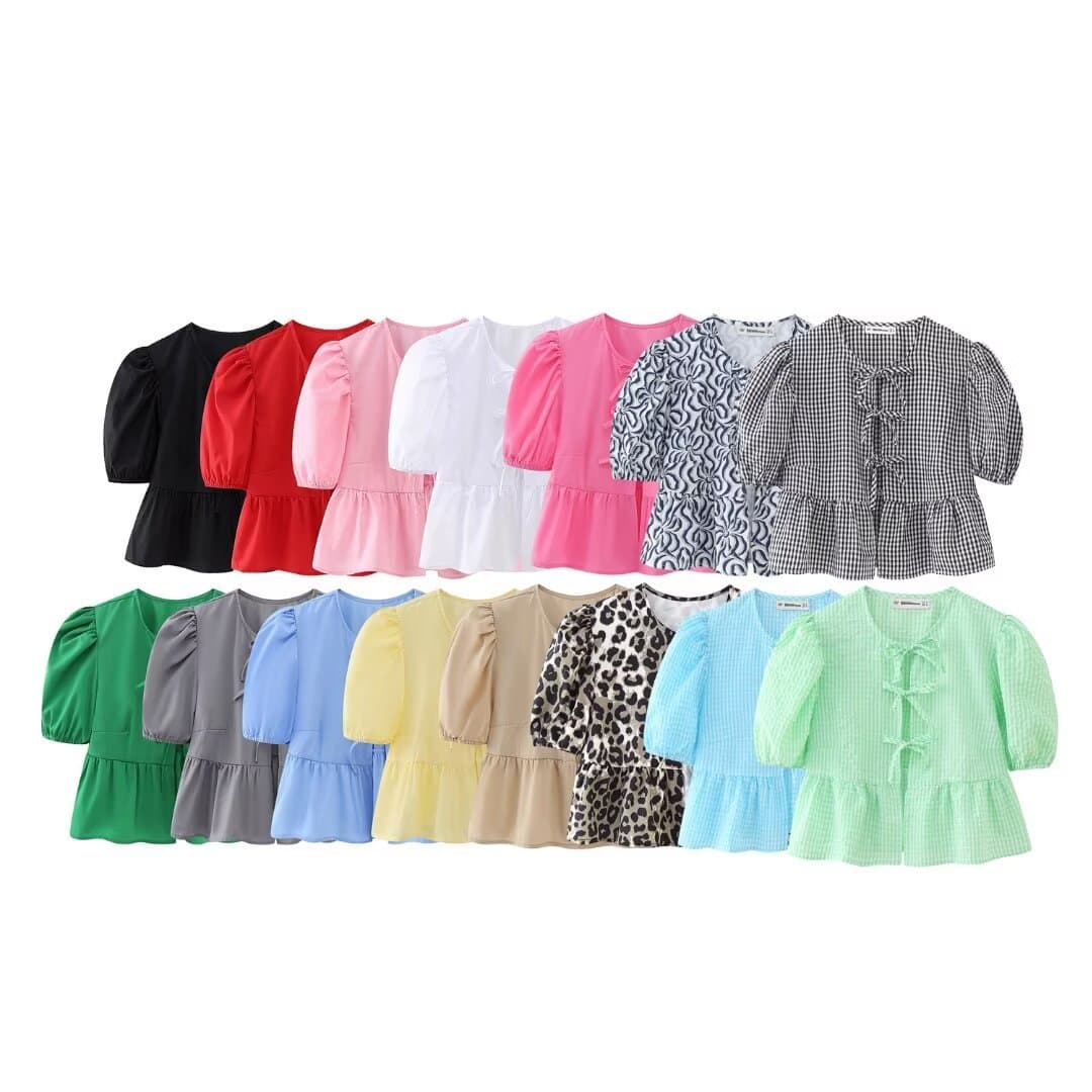 Foreign trade wholesale spring new European and American style puff sleeve lace-up solid color short top 1213835