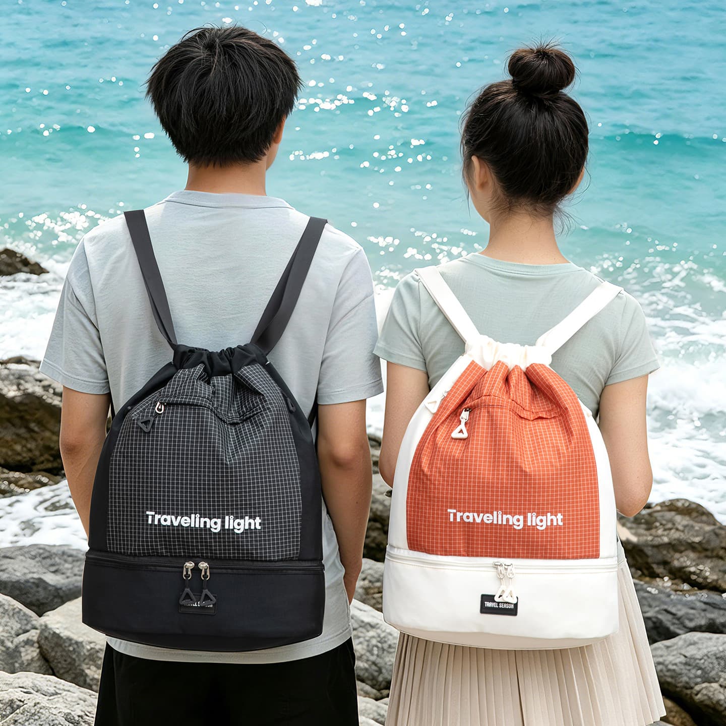 New Color-Block Taslon Wet-Dry Separation Backpack Short Trip Duffle Bag Drawstring Travel Bag Sports Yoga Gym Bag