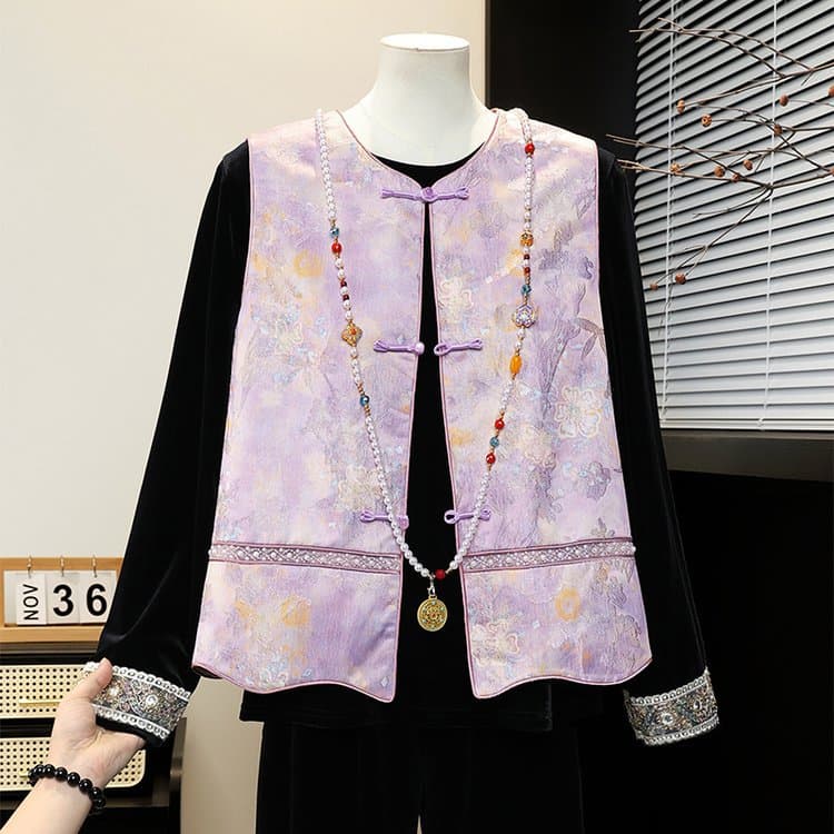 Elegant Retro Plus Size Women's Set for Middle-aged and Elderly, Purple Floral Embroidery Vest with Black Long Sleeve Inner Layer