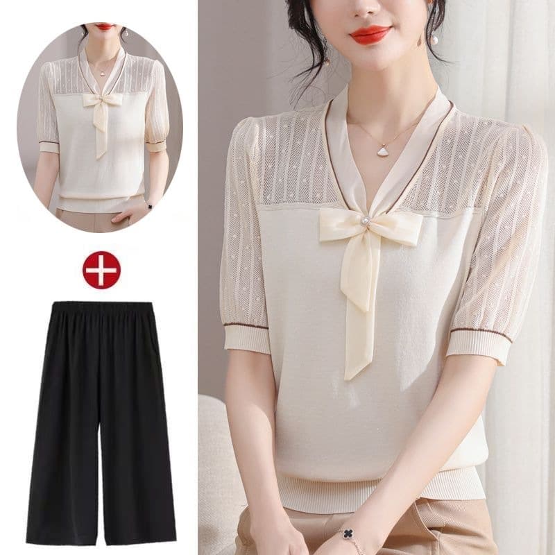 Mom's Summer Silk Short-Sleeve T-Shirt 2025 New Style Age-Reducing Young Women's Summer Ice Silk Top Set