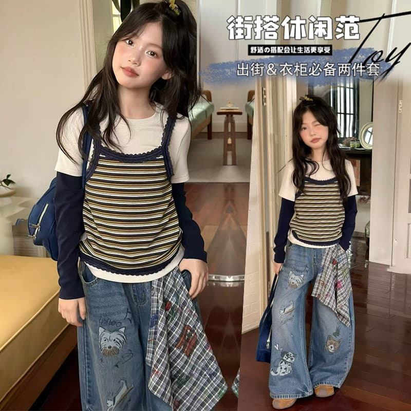 Girls' unique and good-looking T-shirt suit 2026 autumn new children's Korean fake two-piece girls' spring and autumn jeans