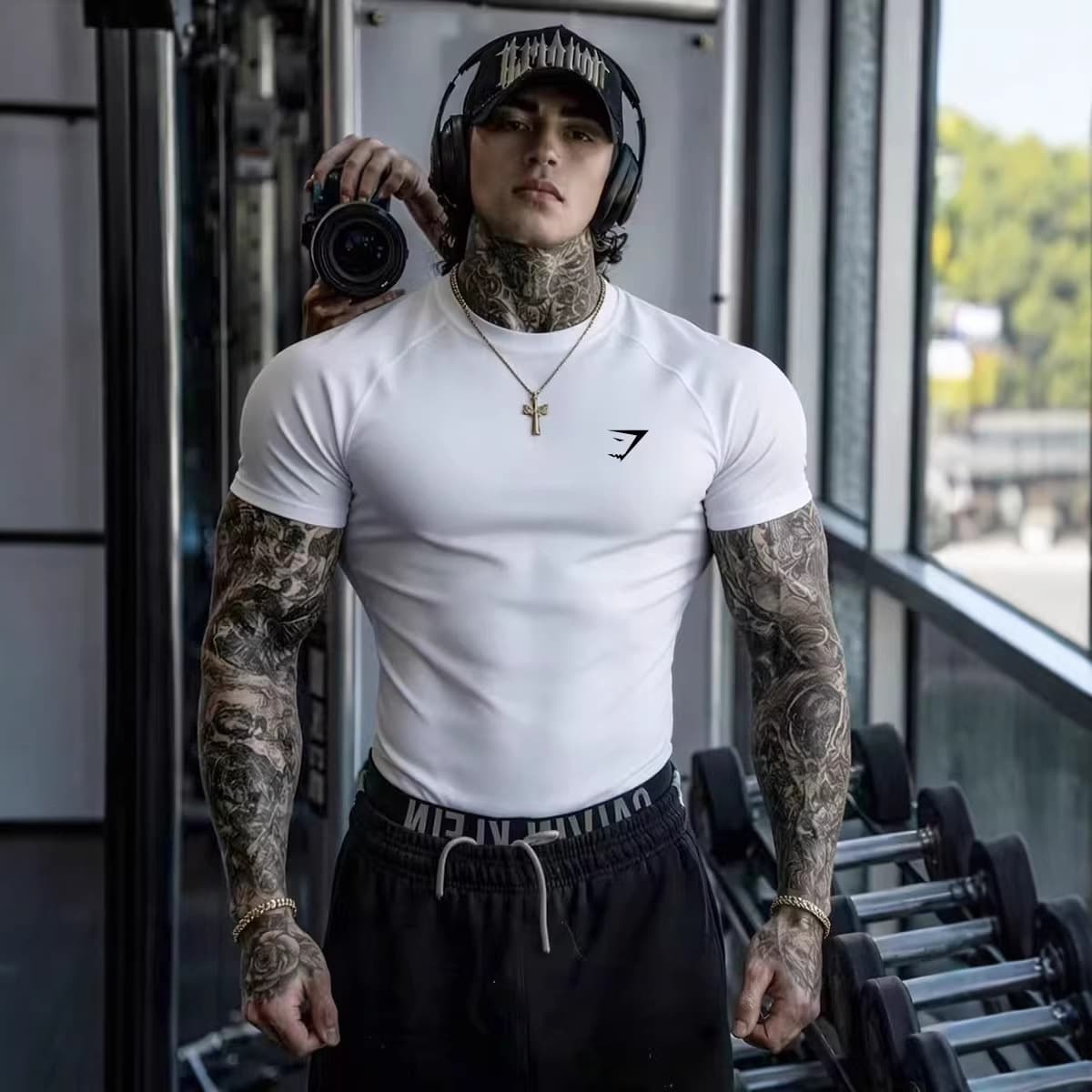 GYMSHARK muscle new trendy brand sports and fitness popular milk silk printed men's short-sleeved tights