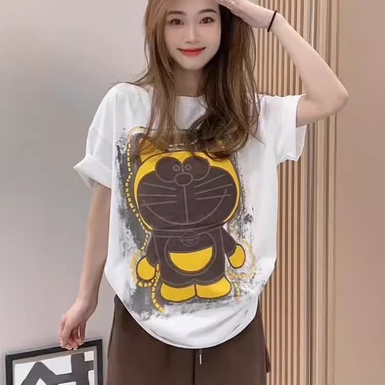 Sweet Youthful Doraemon Print Short-Sleeve T-Shirt for Women Summer New Design Fashion Loose Osaka Style Top