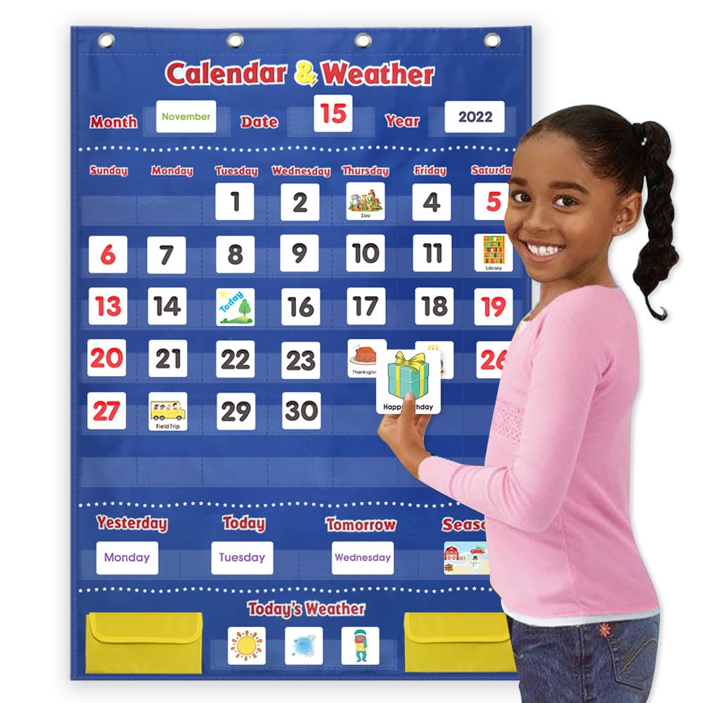 New Version Weather Calendar with Card Hanging Bags for Recognizing Date, Season, Weather Changes, Holiday Activities, Learning Aids