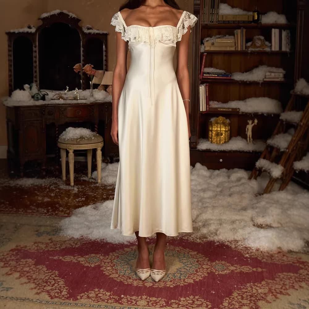 Winter Women's New European-American Fashion Elegant Evening Dress Sexy Open Back Lace Trim Solid Color Long Dress Cross-Border Clothing