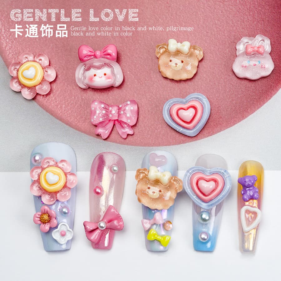 Ice Through Cartoon Nail Accessories Mixed 3D Cute Soft Adorable Strawberry Bear Small White Rabbit Wearing Nail Stickers Decoration