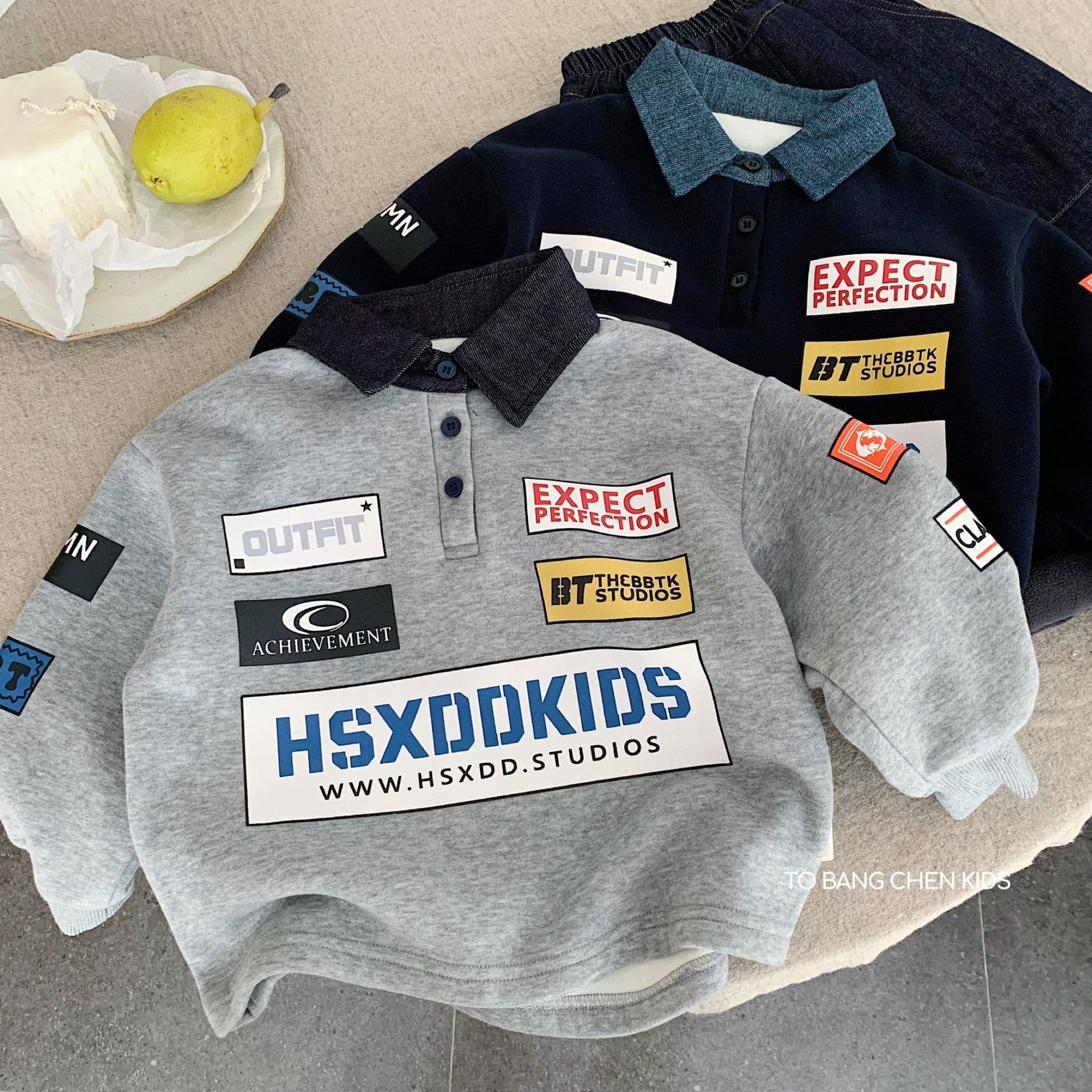Bangcheng Boys' Fleece Hoodie, 2025 Winter New Motorcycle Style Denim Collar Pullover Top