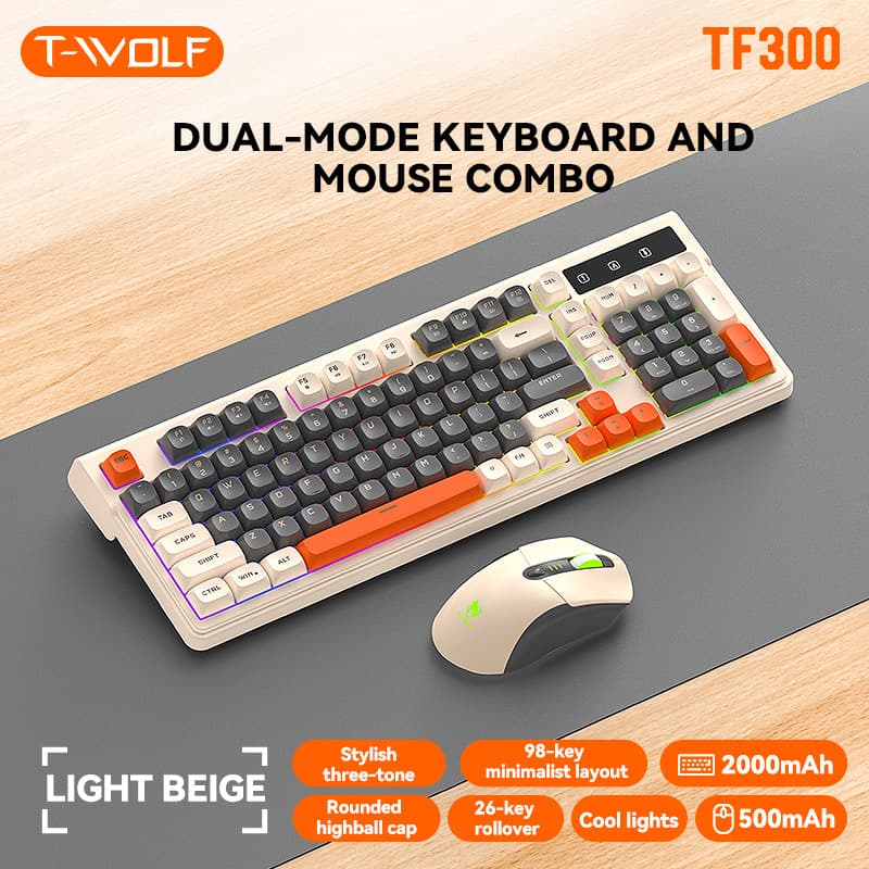 T-WOLF Thunder Wolf TF300 Gaming Keyboard and Mouse Combo Wireless Bluetooth Dual-Mode Keyboard Mouse Illuminated Custom Esports
