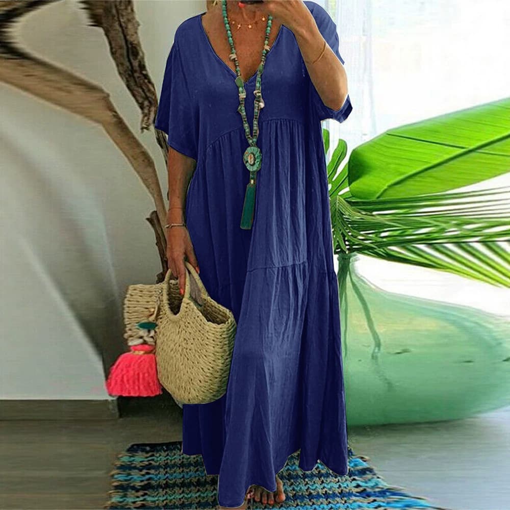 Cross-border European and American plus size 2026 summer women's solid color micro-elastic loose pleated V-neck short-sleeved A-line long skirt dress