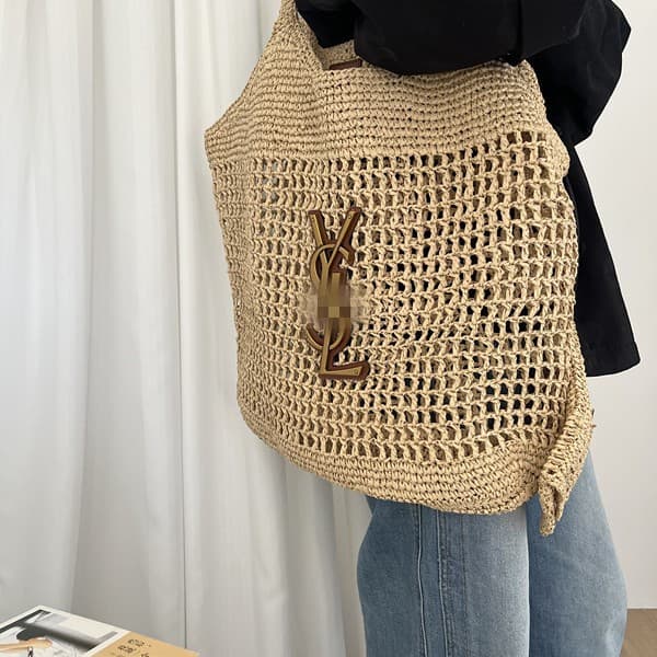 Saint Laurent-style woven straw bag for women, fashionable seaside vacation beach bag, summer large-capacity commuter tote bag