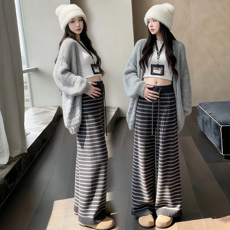 Maternity pants plus velvet and thickened brown striped knitted autumn and winter high-waisted lazy style straight casual maternity wide-leg pants