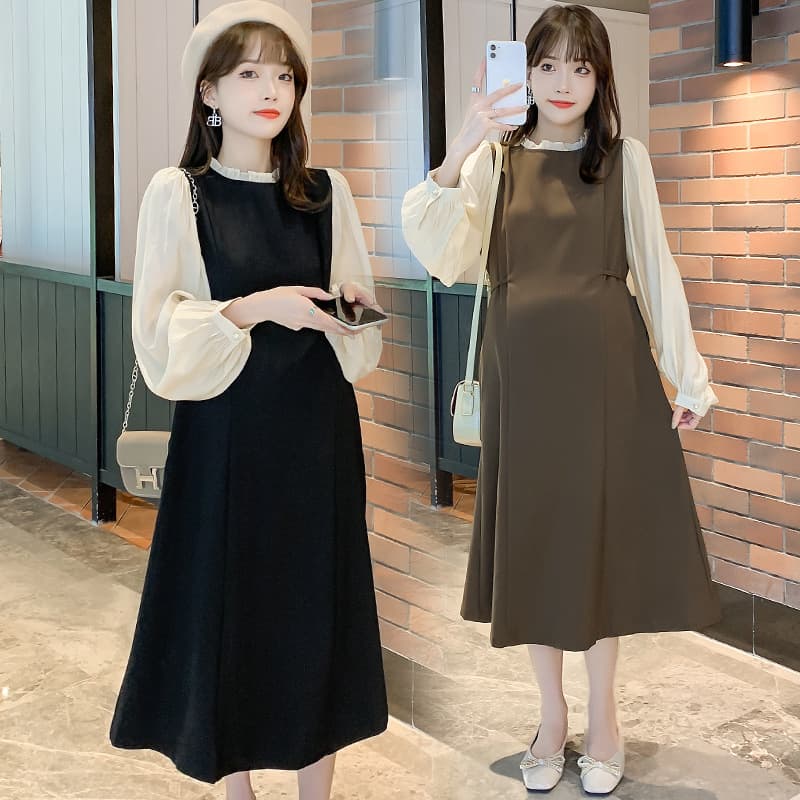 Maternity Dress 2025 Fall Fashion Patchwork Faux Two-Piece Midi Dress Long Sleeve Autumn Winter