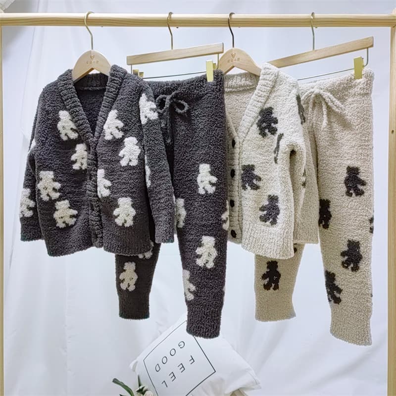 Children's Cardigan for Boys and Girls, Soft Half-Fleece Bear Print Warm Plush Pajama Homewear Set for Autumn and Winter