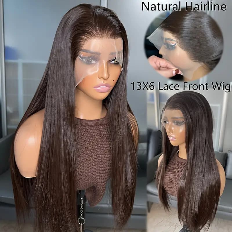 Ladies 13*6 front lace chemical fiber wig natural black high temperature silk front hand hook natural hairline wig